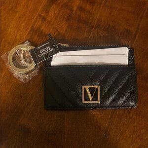 Victoria's Secret Black Quilted Card & Key Holder with Gold V Emblem